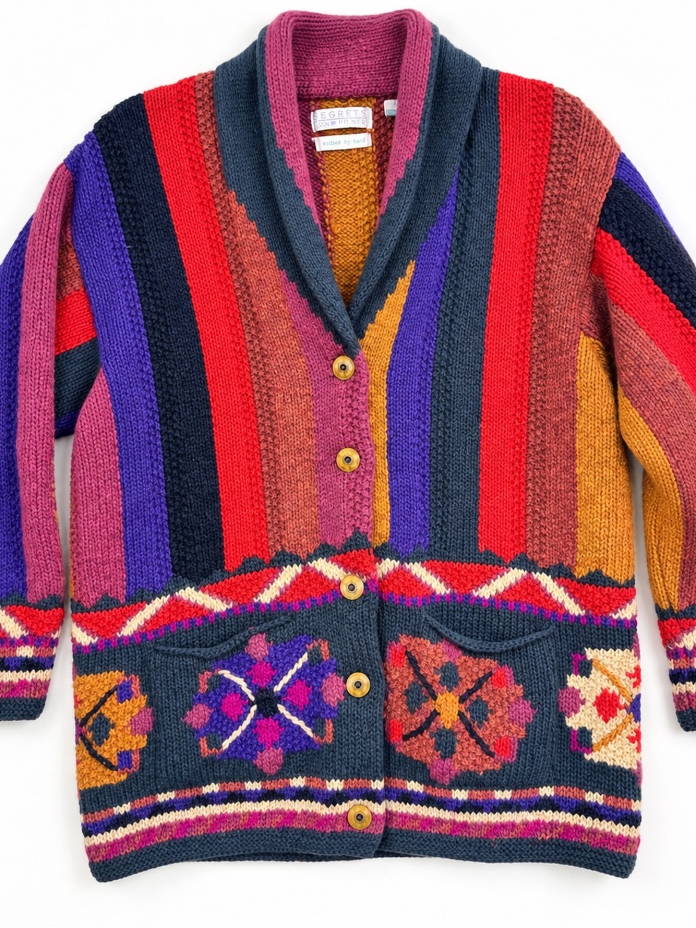 Hand Knit 100% Shetland Wool Cardigan Vintage Segrets Sun Prints M